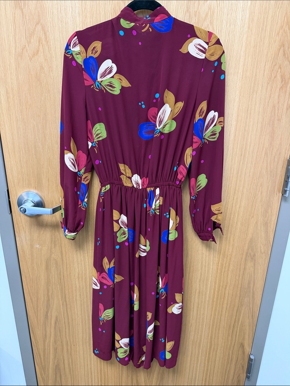 Vintage Women's Burgundy Floral Button-Front Long Sleeve Midi Dress Semi Sheer - Picture 5 of 7